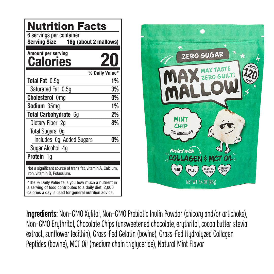 Max Sweets Sugar-Free Mint Chip Mallows with nutrition label