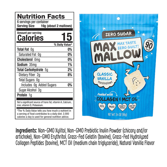 Max Mallows Sugar Free Classic Vanilla with nutrition label